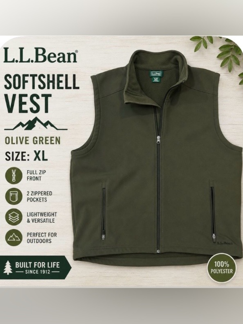 L.L. Bean Men's Olive Softshell Vest - Dark Green